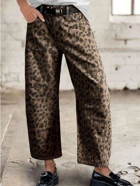 Flamingals Leopard Stitch Detail Mid Rise Barrel Leg Pants size XL (12/14)